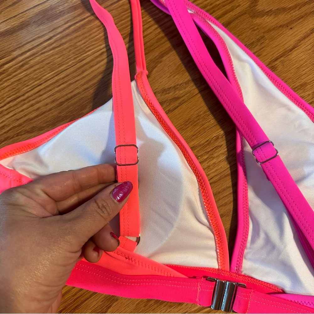 NWOT Neon Pink Orange Split One Shoulder Bikini Set size L - Picture 7 of 9